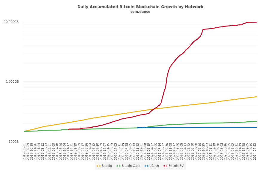 Daily Accumulated Bitcoin Blockchain Growth by Network