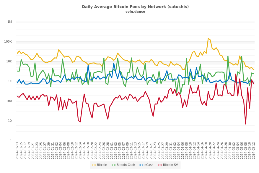 Daily Average Bitcoin Fees by Network (satoshis)